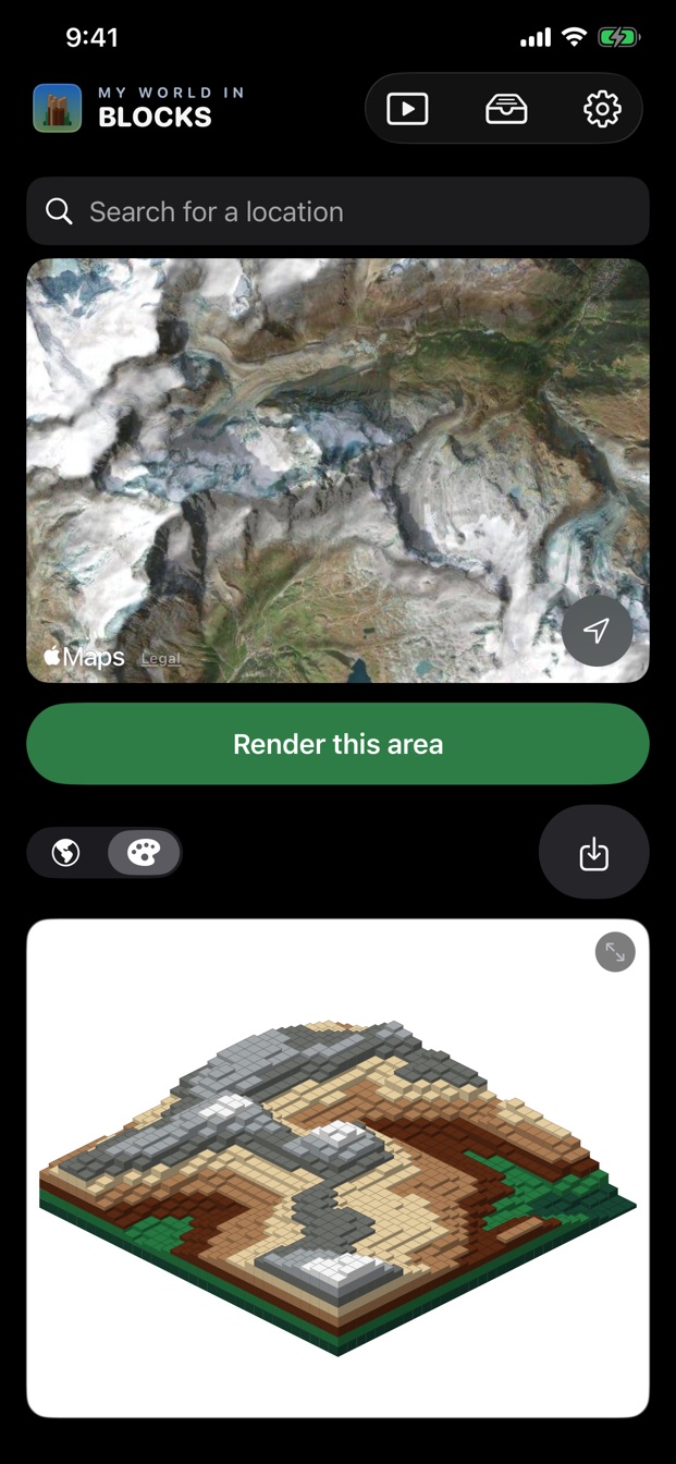 Satellite map with a block render of the same area below it